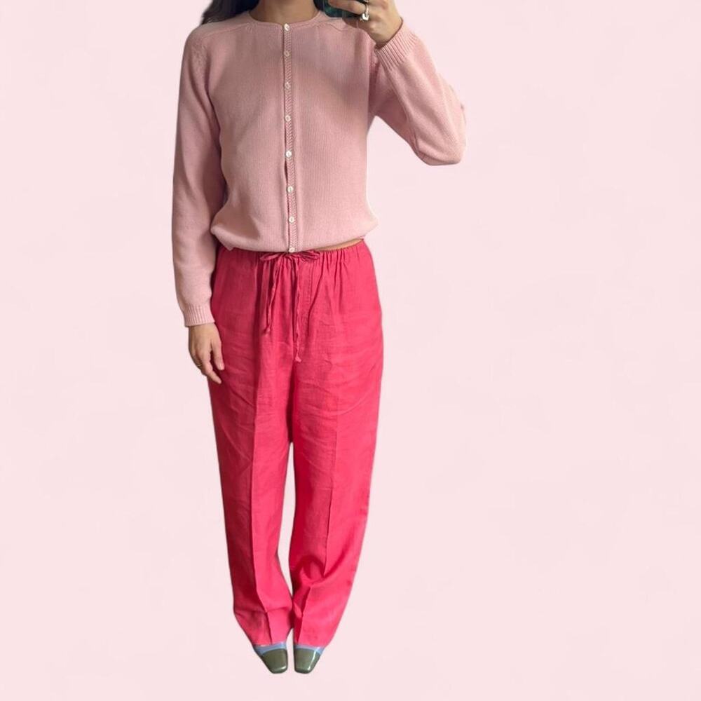 Pink 100/% Linen Pants With Drawstring Waist and Pockets